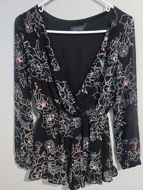 ASTR Black Floral Wrap Romper with Coral Accents